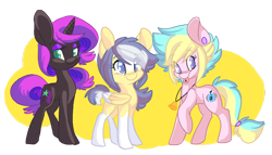 Size: 800x456 | Tagged: safe, artist:indiefoxtail, derpibooru import, oc, oc only, oc:harmonic rhyme, oc:midnight dream, oc:night wishes, earth pony, pegasus, pony, unicorn, tongue out