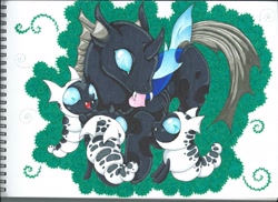 Size: 2338x1700 | Tagged: safe, artist:darknessa-desu, derpibooru import, changeling, changeling larva, cute, cuteling, heart, larva, mouth hold, smiling, traditional art