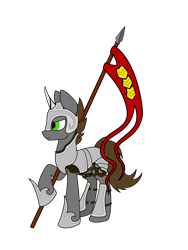 Size: 1500x2000 | Tagged: safe, artist:renderstarfall, derpibooru import, oc, oc only, oc:ren, pony, unicorn, angry, armor, flag, solo, spear, weapon