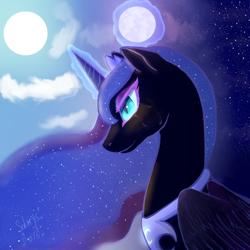 Size: 1000x1000 | Tagged: safe, artist:scherys, derpibooru import, nightmare moon, ethereal mane, magic, missing accessory, moon, solo, starry mane, stars, sun, telekinesis