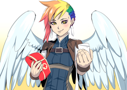 Size: 1400x990 | Tagged: safe, artist:bakki, oc, oc only, oc:rainbow feather, human, bandage, clothes, commission, ear piercing, feather, female, first aid kit, humanized, humanized oc, interspecies offspring, looking at you, magical lesbian spawn, medic, multicolored hair, next generation, offspring, parent:gilda, parent:rainbow dash, parents:gildash, piercing, simple background, smiling, winged humanization, wings