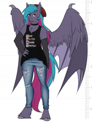 Size: 675x897 | Tagged: safe, artist:askbubblelee, oc, oc only, oc:night owl, anthro, bat pony, hybrid, pegasus, unguligrade anthro, anthro oc, beanie, chest fluff, choker, clothes, ear piercing, fangs, female, hand on hip, hat, large wings, looking at you, mare, pants, piercing, slit eyes, solo, unshorn fetlocks, wings