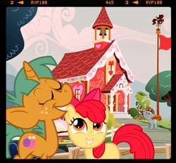 Size: 682x632 | Tagged: safe, derpibooru import, apple bloom, snails, snips, filter, flag, flag pole, instagram, photo, school, smiling