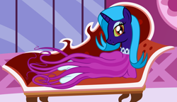 Size: 3804x2184 | Tagged: safe, artist:badumsquish, derpibooru exclusive, oc, oc only, oc:glad rags, hybrid, monster pony, original species, carousel boutique, clothes pony, draw me like one of your french girls, fainting couch, female, half-pony, lidded eyes, living clothes, looking back, offspring, older, on side, parent:nightmare dress monster, parent:rarity, reclining, red eyes, smiling, solo, yellow sclera