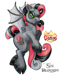 Size: 600x750 | Tagged: safe, artist:shamansoulstudios, derpibooru import, oc, oc only, oc:sin blossom, bat pony, demon pony, pony, g3, devil horns, fangs, logo, my little x, unshorn fetlocks, watermark