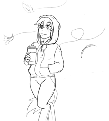 Size: 793x879 | Tagged: safe, artist:dj-black-n-white, derpibooru import, oc, oc only, oc:cinnamon cider, satyr, autumn, clothes, coffee, coffee cup, cup, hoodie, jeans, leaves, monochrome, pants, parent:applejack, solo, windy