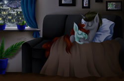 Size: 1024x666 | Tagged: safe, artist:happyksu, derpibooru import, oc, oc only, oc:senny shapiro, sleeping, snow, snowfall, sofa, winter