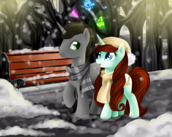 Size: 1600x1280 | Tagged: safe, artist:happyksu, derpibooru import, oc, oc only, oc:senny shapiro, clothes, scarf, snow, snowfall, winter