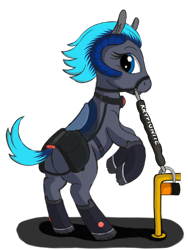 Size: 1536x2048 | Tagged: safe, artist:negasun, oc, oc only, oc:merida, pony, bicycle, blue eyes, boots, bridle, collar, female, harness, horn, looking back, mare, merida cyclocross, plot, ponified, raised hoof, rearing, saddle, saddle bag, simple background, solo, tack, tether, transparent background
