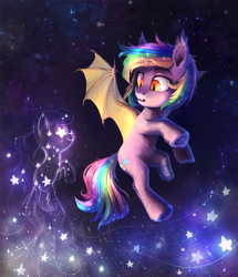 Size: 900x1047 | Tagged: safe, artist:dearmary, derpibooru import, oc, oc only, oc:paper stars, bat pony, pony, amputee, cute little fangs, ear fluff, fangs, flying, solo, stars, stump, underhoof