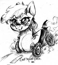 Size: 1200x1349 | Tagged: safe, anonymous artist, derpibooru import, oc, oc only, oc:wheely bopper, original species, cute, driving, gotta go fast, monochrome, simple background, solo, wheelpone