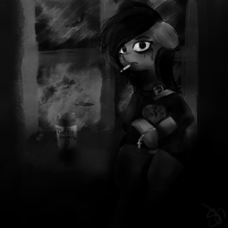 Size: 1024x1024 | Tagged: dead source, safe, artist:asklemonice, artist:stopandsmile, derpibooru import, oc, oc only, pony, choker, cigarette, clothes, coffee, cup, emo, grayscale, looking at you, makeup, mascara, monochrome, running makeup, solo