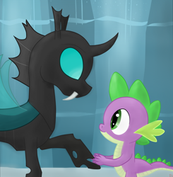 Size: 1176x1199 | Tagged: safe, artist:sutekh94, derpibooru import, spike, thorax, changeling, dragon, the times they are a changeling, raised hoof, smiling