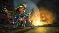 Size: 3000x1688 | Tagged: safe, artist:1jaz, derpibooru import, oc, oc only, earth pony, pony, armor, badass, barrier, clothes, commission, explosion, fanfic art, fire, raised hoof, signature, solo