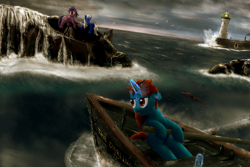 Size: 1600x1067 | Tagged: safe, artist:everypone, derpibooru import, oc, oc only, boat, lighthouse, rescue, rock, shipwreck, storm, stranded, water