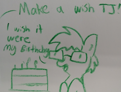 Size: 1280x977 | Tagged: safe, artist:tjpones, oc, oc only, oc:tjpones, earth pony, pony, birthday cake, cake, dialogue, food, glasses, lineart, male, monochrome, offscreen character, solo, stallion, traditional art, wish