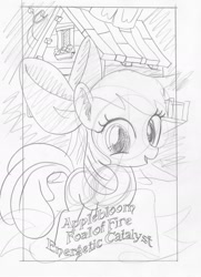 Size: 1198x1654 | Tagged: safe, artist:ciaran, derpibooru exclusive, derpibooru import, apple bloom, caption, looking at you, monochrome, sketch, smiling, solo, tarot card, tarot:once upon a time, traditional art, treehouse