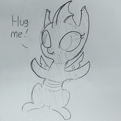 Size: 1088x1086 | Tagged: safe, artist:tjpones, oc, oc only, changeling, black and white, cuteling, dialogue, grayscale, hug request, lineart, monochrome, sketch, solo, traditional art