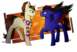 Size: 2873x1936 | Tagged: safe, artist:cloud-drawings, artist:speed-chaser, derpibooru import, oc, oc only, oc:sina, oc:speed chaser, earth pony, pegasus, pony, collaboration, clothes, scarf, simple background, transparent background