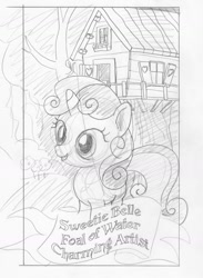 Size: 1198x1636 | Tagged: safe, artist:ciaran, derpibooru exclusive, derpibooru import, sweetie belle, caption, flower, monochrome, sketch, smiling, solo, tarot card, tarot:once upon a time, traditional art, treehouse