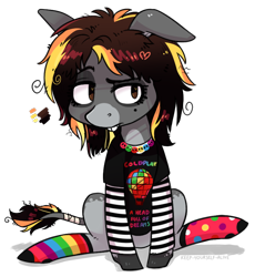 Size: 802x870 | Tagged: safe, artist:kyaokay, derpibooru import, oc, oc only, mule, clothes, coldplay, floppy ears, lidded eyes, rainbow socks, shirt, simple background, socks, solo, striped socks, transparent background