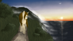 Size: 1920x1080 | Tagged: safe, artist:eagle1division, derpibooru import, oc, oc only, oc:dynamic canvas, fog, mist, moon, mountain, ocean, scenery, shore, sunset, wet mane