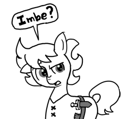 Size: 640x600 | Tagged: safe, artist:ficficponyfic, derpibooru import, oc, oc only, oc:ruby rouge, earth pony, pony, belt, child, clothes, colt quest, confused, female, filly, foal, knife, monochrome, question mark, solo focus, story included, talking, text, tomboy