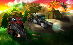 Size: 3840x2400 | Tagged: safe, artist:n-prophet, derpibooru import, oc, oc only, box, camouflage, care package (box), explosion, f/a-18 hornet, german, german flag, gun, hair over one eye, hat, jet, jet fighter, m200 intervention, qbz-95, rifle, sniper rifle, war, weapon