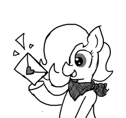 Size: 640x600 | Tagged: safe, artist:ficficponyfic, derpibooru import, oc, oc only, oc:emerald jewel, earth pony, pony, bandana, child, colt, colt quest, cute, foal, hair over one eye, happy, heart, letter, male, monochrome, smiling, solo focus, story included