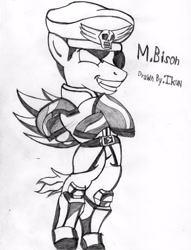 Size: 2477x3239 | Tagged: dead source, safe, artist:ikuntyphoon, derpibooru import, earth pony, pony, crossover, drawing, eyepatch, grayscale, m. bison, monochrome, ponified, solo, street fighter