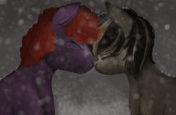 Size: 933x611 | Tagged: safe, artist:colorlesscupcake, derpibooru import, oc, oc only, oc:daydream, pony, duo, eyes closed, nuzzling, snow, snowfall