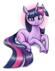 Size: 1000x1283 | Tagged: safe, artist:king-kakapo, twilight sparkle, unicorn twilight, classical unicorn, pony, unicorn, blushing, chest fluff, cloven hooves, female, mare, prone, solo, unshorn fetlocks