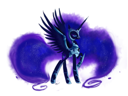 Size: 1600x1200 | Tagged: safe, artist:nuttypanutdy, derpibooru import, nightmare moon, armor, raised hoof, simple background, solo, spread wings, transparent background
