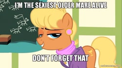 Size: 800x449 | Tagged: safe, derpibooru import, edit, edited screencap, screencap, ms. harshwhinny, flight to the finish, bedroom eyes, cougar, grin, image macro, meme, sexiest pony alive, smiling, solo