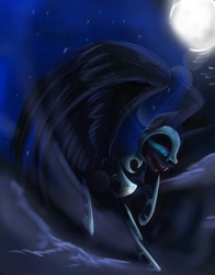 Size: 1188x1518 | Tagged: safe, artist:nuttypanutdy, derpibooru import, nightmare moon, cloud, grin, moon, night, sharp teeth, smiling, solo, spread wings