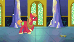 Size: 500x281 | Tagged: safe, derpibooru import, screencap, big macintosh, spike, dragon, earth pony, pony, dungeons and discords, animated, dancing, discovery family logo, gif, happy, male, stallion