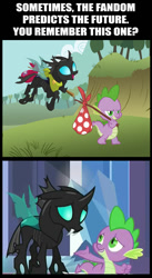 Size: 454x826 | Tagged: dead source, safe, artist:dragonmorpheus, derpibooru import, edit, spike, thorax, changeling, dragon, the times they are a changeling, adventure, bindle, clothes, doomie, flying, hilarious in hindsight, image macro, knapsack, meme, open mouth, scarf, smiling, smirk, the wandering changelings