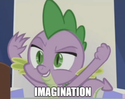 Size: 475x375 | Tagged: safe, derpibooru import, edit, edited screencap, screencap, spike, dragon, pony, dungeons and discords, idiot box, image macro, meme, solo, spongebob squarepants