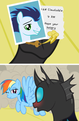 Size: 1821x2798 | Tagged: safe, artist:badumsquish, derpibooru exclusive, derpibooru import, rainbow dash, soarin', changeling, pegasus, pony, a canterlot wedding, blushing, comic, date, duo, dust cloud, female, fight, flirting, flying, fraternization, grammar error, hoof hold, imminent sex, key, male, note, one eye closed, parody, photo, scene parody, soarindash, straight, surprised, underhoof, wink