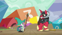 Size: 500x281 | Tagged: safe, derpibooru import, screencap, big macintosh, spike, dragon, pony, unicorn, dungeons and discords, animated, clothes, cosplay, costume, dancing, dice, discovery family logo, dungeons and dragons, duo, garbuncle, gif, happy, helmet, horned helmet, male, ogres and oubliettes, race swap, sir mcbiggen, staff, stallion, sword, unicorn big mac, weapon