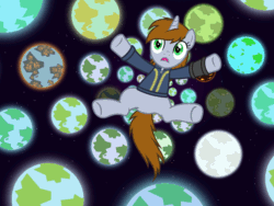 Size: 800x603 | Tagged: safe, artist:magister39, derpibooru import, oc, oc only, oc:littlepip, pony, unicorn, fallout equestria, alternate universe, animated, clothes, falling, fanfic, fanfic art, female, gif, hooves, horn, mare, multiverse, open mouth, pipbuck, planet, solo, space, stars, vault suit