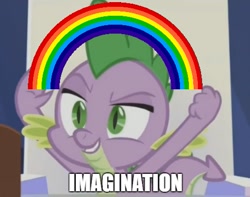 Size: 475x375 | Tagged: safe, derpibooru import, edit, edited screencap, screencap, spike, dragon, dungeons and discords, image macro, imagination, meme, rainbow, spongebob squarepants