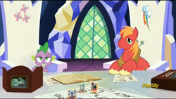 Size: 1280x720 | Tagged: safe, derpibooru import, screencap, big macintosh, spike, dragon, earth pony, pony, dungeons and discords, discovery family logo, dm screen, dungeons and dragons, male, ogres and oubliettes, stallion, tabletop game, unamused