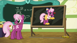 Size: 1280x720 | Tagged: safe, artist:vector-brony, derpibooru import, edit, edited screencap, screencap, cheerilee, 28 pranks later, blowing a kiss, cheerilee's chalkboard, cheerileeder, cheerleader, clothes, discovery family logo, heart, mouth hold, one eye closed, wink