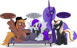 Size: 4847x3033 | Tagged: safe, artist:vector-brony, derpibooru import, oc, oc only, oc:calamity, oc:lacunae, oc:morning glory (project horizons), oc:velvet remedy, alicorn, pegasus, pony, unicorn, fallout equestria, fallout equestria: project horizons, artificial alicorn, brand, branding, comic, cowboy hat, cutie mark, dashite, fallout 4, fanfic, fanfic art, fangasm, female, hat, hooves, horn, male, mare, open mouth, purple alicorn (fo:e), simple background, sitting, spread wings, stallion, standing, transparent background, wings