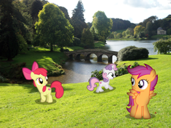 Size: 1900x1425 | Tagged: safe, artist:harpycross, derpibooru import, apple bloom, scootaloo, sweetie belle, bridge, cutie mark, cutie mark crusaders, irl, lake, monuments, photo, ponies in real life, the cmc's cutie marks, vector