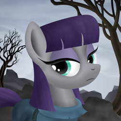 Size: 2000x2000 | Tagged: safe, artist:konsumo, derpibooru import, maud pie, dead tree, lidded eyes, looking back, rock, rock farm, solo, tree