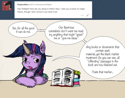 Size: 870x687 | Tagged: safe, artist:dreamingnoctis, derpibooru import, twilight sparkle, ask asylum twilight, book, censorship, horn cap, magic suppression