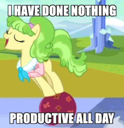 Size: 475x489 | Tagged: safe, derpibooru import, edit, edited screencap, screencap, chickadee, ms. peachbottom, earth pony, pony, games ponies play, animated, caption, cute, gif, i have done nothing productive all day, image macro, meme, spinning