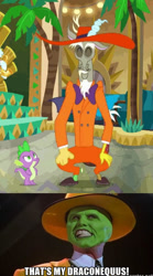 Size: 498x898 | Tagged: safe, derpibooru import, screencap, discord, spike, dragon, dungeons and discords, cropped, dancing, meme, that's my x, the mask, zoot suit